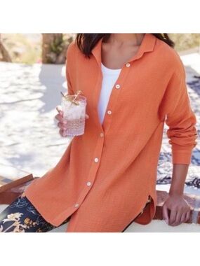 Soft Surroundings | Gauze Button Up Tunic Blouse Orange